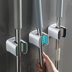 Strong Adhesive Mop Holder, No-Drill Wall Mount Mop and Broom Storage Clip, Sticky Mop Rack, Multi-Purpose Tool Organizer for Bathroom Kitchen Garden