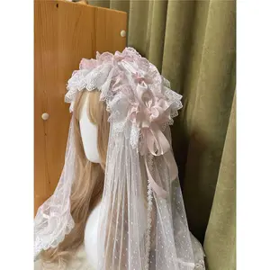 [Confession under the cherry blossom tree] Exquisitely crafted sweet and cute girl's bow lace handmade gorgeous bridal headband and veil lolita accessory