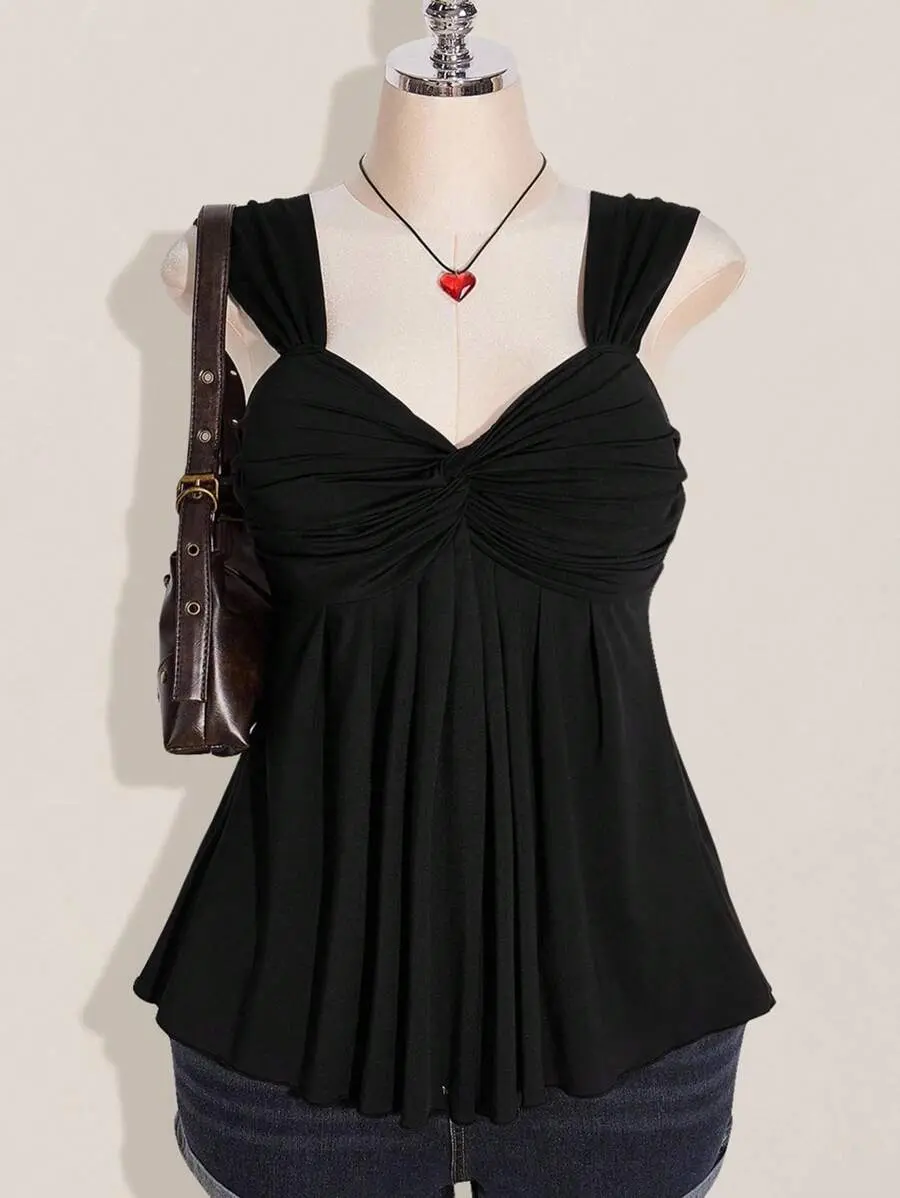 Women's Black Twist Front Sleeveless Babydoll Knit Top, Y2K Style, Suitable For Graduation, Back To School, Summer Cute