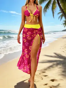 Women's New Floral Print Backless Triangle Bikini Set with Cover-Up Skirt, Sexy Halter Neck Swimsuit Bikini Swimwear for Beach Vacation, Floral Print Bikinis