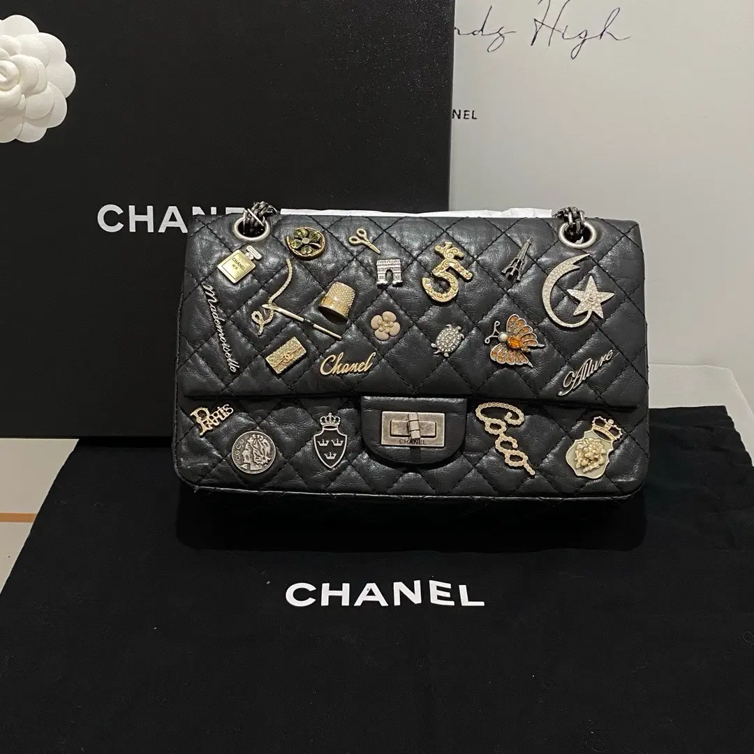 Pre-owned CHANEL Aged Calfskin Leather Luck Charms 2.55 Small Size Limited Edition Silver Hardware Shoulder Bag