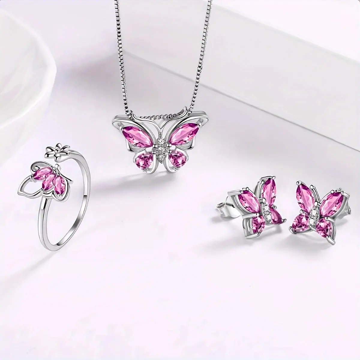 Butterfly Jewelry Set for Women, Purple Blue Crystal Butterfly Necklace Earrings Ring 3 Piece Set, Trendy Y2K Dainty Adjustable Open Ring Jewelry Gift for Birthday Party Daily Wear