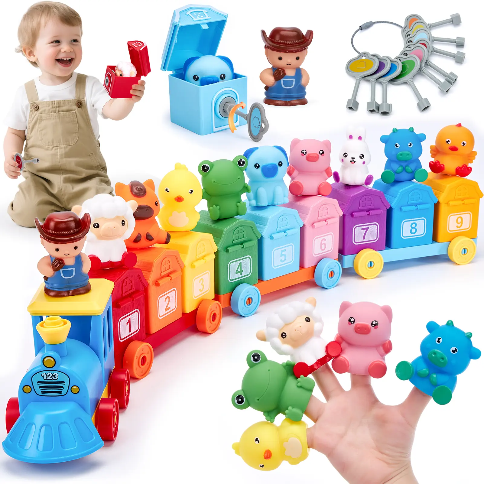 Hahaland Montessori BPA-Free Farm Train Multi-Activity Playset - Unisex Kids Toy with Farm Animal Finger Puppets, Lock-Unlock Barn Keys, Magnetic Blocks for Toddlers, Preschool Development Kit (1-3 Years Gift)