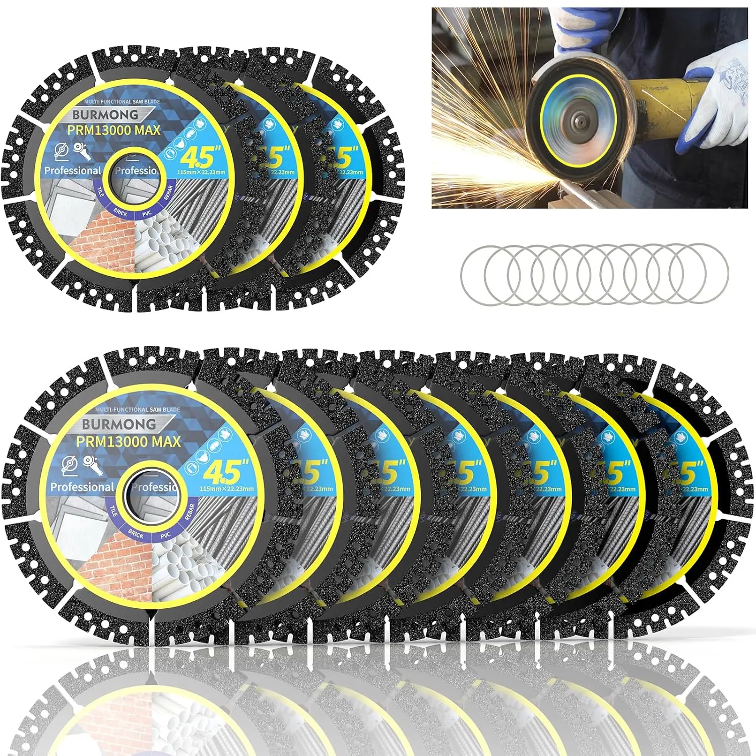 BURMONG Indestructible Diamond Cutting Discs for Angle Grinders, 4.5 inches (115mm x 22.23mm) 7/8" Cut Off Wheels, Metal/Tile Multi-Material Dry Precision Blades, Power Tool Accessories (3PCS/5PCS/10PCS Options), Precision Cutting