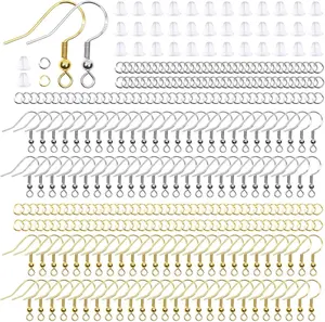 Thrilez Hypoallergenic Earring Hooks, 600Pcs Earring Making Kit with Hypoallergenic Earring Hooks, Jump Rings and Clear Rubber Earring Backs for DIY Jewelry Making (Silver and Gold)