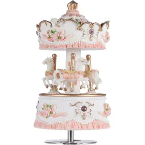 Carousel  Boxes for Girls 3-Horse Rotating Windup Melody Castle in The Sky Color Change LED Lights Musical  for Daughter Birthday Christmas Festival  Box Artware