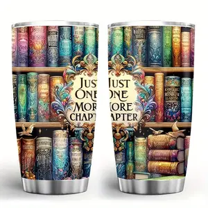 1 x 20-oz stainless steel book lover travel mug - library design with "Read One More Chapter" slogan, durable metal cup suitable for readers, perfect holiday gift for book lovers, with vibrant illustrations, sippy