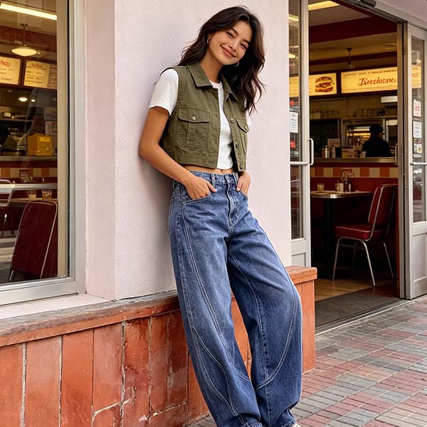 Y2K Curved Seam Baggy Wide Leg Jeans for Women, American High Street Relaxed Fit Straight Leg Denim Pants