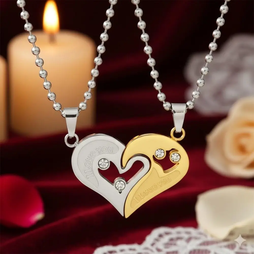 Heart Diamond Pendant Necklace Stainless Steel Matching Letter Couple Jewelry Romantic Classic Unisex Chain Fashion Accessory Daily Wear Love Style Alphabet Charm Double Necklace Set Gift for Couples