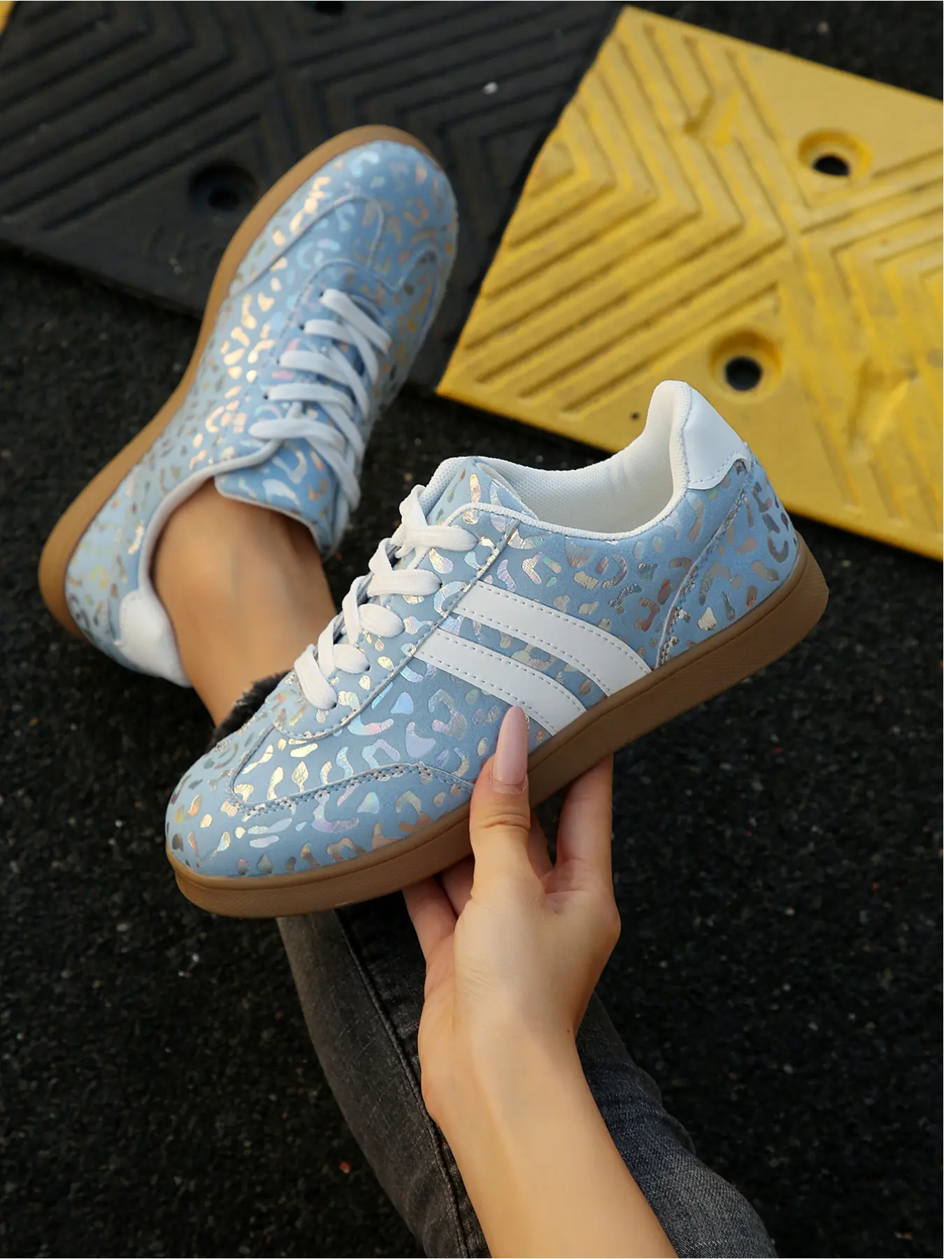 Holographic Leopard Print Glitter Design Sneakers | Women's Sky Blue Platform Shoes | Trendy Casual Daily Wear Footwear Sneakers | Trendy Fashion Sneaker