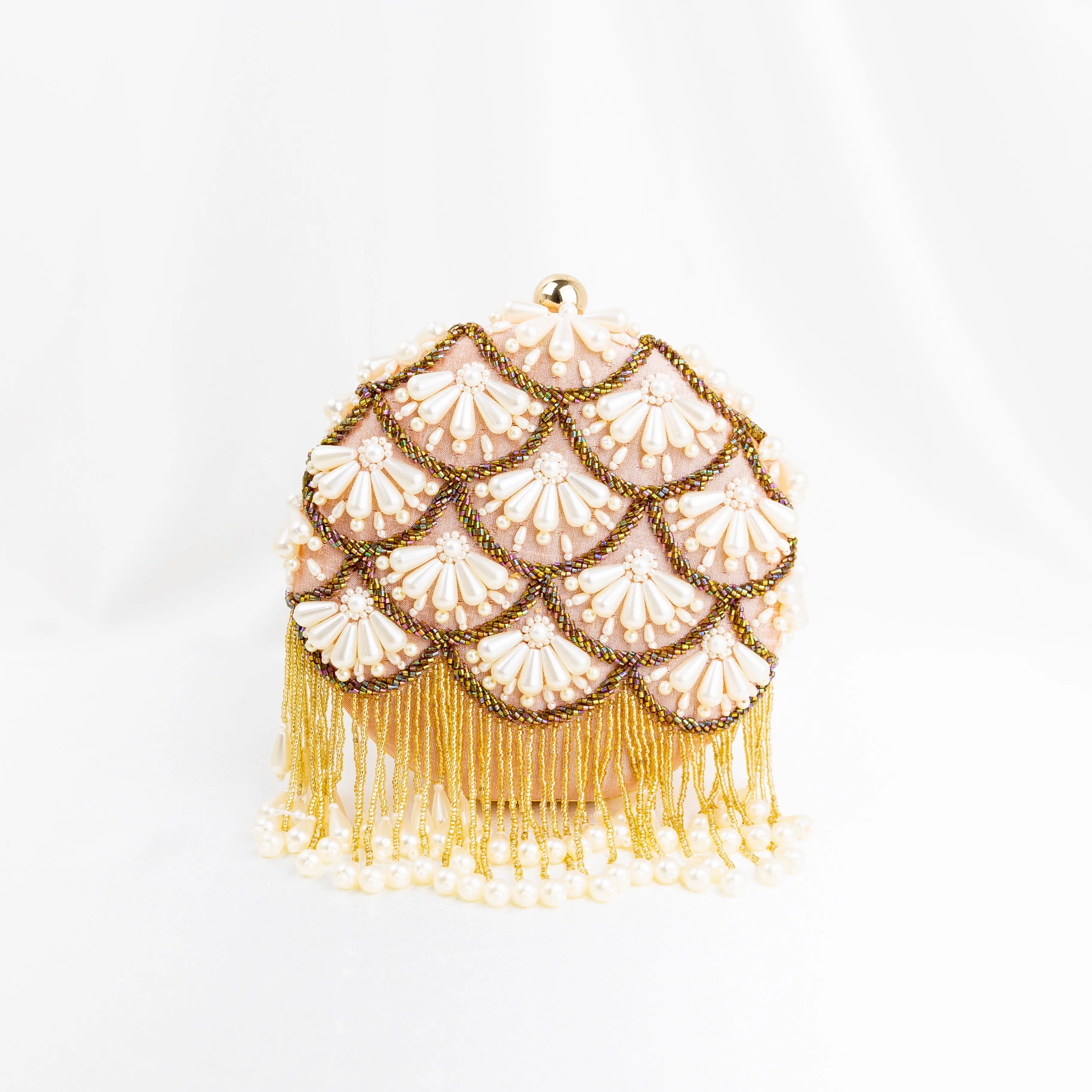 Pearl Elegance: Peach Round Clutch with Golden Embroidery and Lustrous Pearls