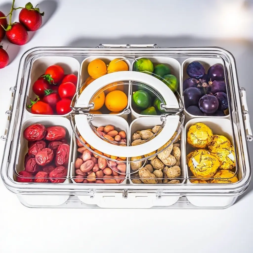 Divided Serving Tray with Lid and Handle - Snackle Box Charcuterie Container for Portable Snack Platters - Clear Organizer for Candy, Fruits, Nuts, Snacks - Perfect for Party, Entertaining Christmas Tableware Sets Gift Storage Travel