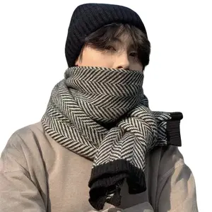 Winter Men's Scarf Herringbone & Rhombus Pattern Thickened Wool Blend Warm Versatile Unisex Design for Couples Soft Wind-Resistant Classic Elegance