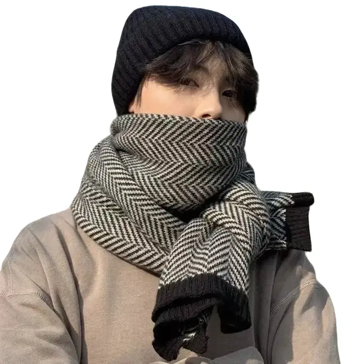 Winter Men's Scarf Herringbone & Rhombus Pattern Thickened Wool Blend Warm Versatile Unisex Design for Couples Soft Wind-Resistant Classic Elegance