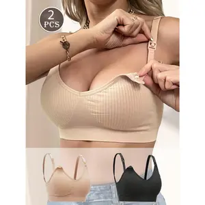 2-piece set of front-clasp ribbed push-up maternity nursing bras