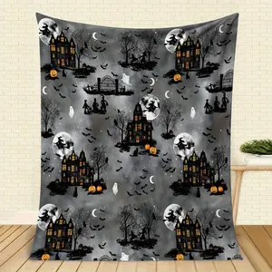 Halloween themed printed flannel blanket with retro haunted house design, suitable for all seasons, suitable for sofa, bed and travel, horror style blanket plushthin quilt holiday gift Intense Nacho Printed Flannel Blanket