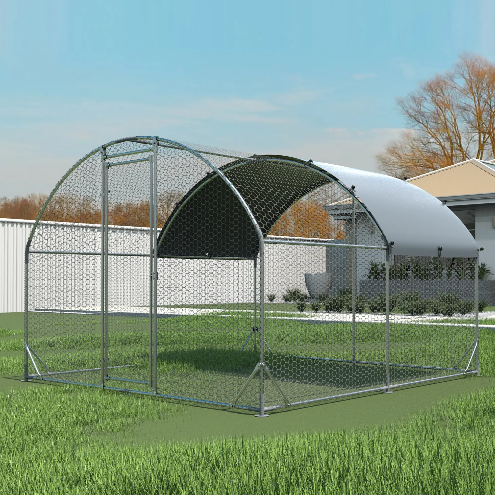 DOMISO Chicken Coop, Large Metal Chicken House, Oxford Cloth Silver Plated Waterproof UV Protection, Gardening Gadget, Walk-in Chicken Runs for Yard