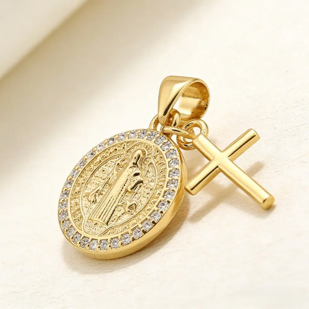 3pcs Ten-Setting 14K Gold-Plated Brass Micro-Carved Cubic Pendants | St. Benedict with Cross, Chromium-Free & Lead-Free,, Size 15.5x13x2mm, Hole Size 4.5x4mm