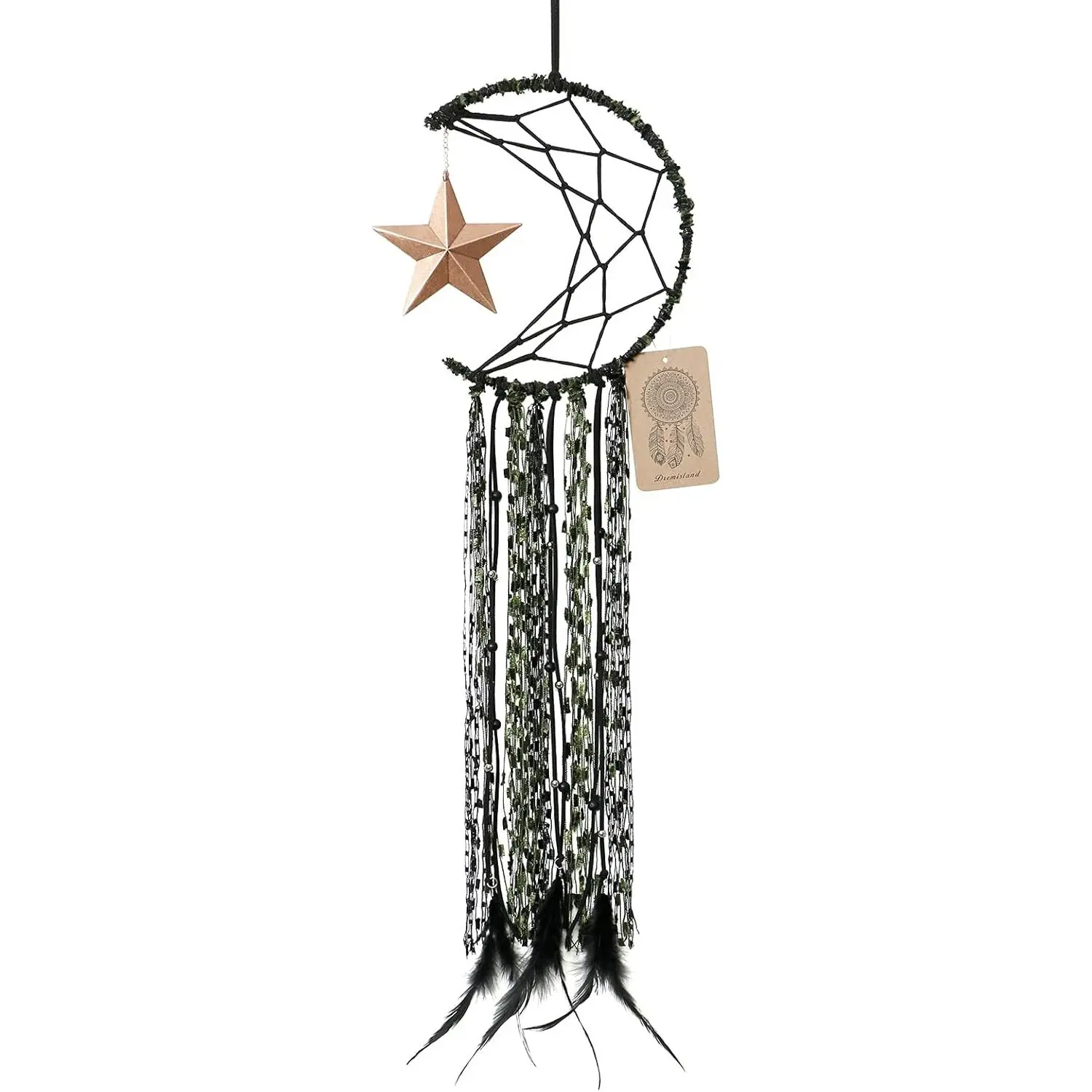 Handmade Half-Circle Moon Dream Catcher with Cotton Feathers, Star Accents, Metal-Wood Frame, Hangable Wall Home Decor Ornament Festival Gift (Green)