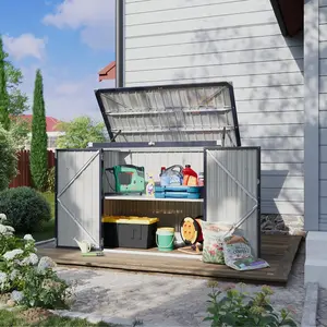 Aoxun Metal Outdoor Trash Can Storage Shed Waterproof Garbage Bin Organizer with Chain Lid Enclosure for 2 Bins Garden Tools & Toys Black