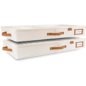 2pc Low Profile Under Bed Storage Containers, Thin Under Couch Storage Organizer with Bins & Lids, Underbed Storage Box Ideal for Seasonal Clothes, Blankets, Fabric & Shoes (Ivory)