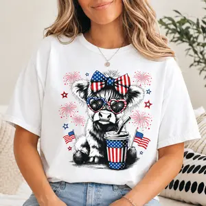 [Sale up to 50%] [Free Ship] USA Cow Comfort Color T-Shirt, Highland Cow 4th of July T-Shirt, American Flag Cowgirl Bow Shirt, Patriotic Animal