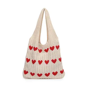 【Local Delivery】Maxoner Crochet Tote Bag Cute Aesthetic Hobo Bag Hearts Pattern Knitted Shoulder Bag Flat Knitting High Capacity Travel University