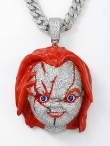 ③④SPACEICE MOIS/CZ Diamonds hiphop jewelry Men’s Iced Out Cuban Link Chain Necklace, Gold Plated Hip Hop Rapper Jewelry with Red Doll Face Chucky Pendant,Moissanie/CZ Diamond Statement Necklace Unique Bold