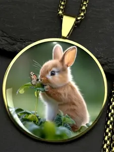 Cute Bunny & Butterfly Pendant Necklace - Zinc Alloy Glass Dome, Animal Themed Jewelry, Perfect Gift for Rabbit Lovers & Girls, Ideal for Daily Wear & Easter Gift