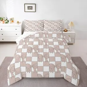 Light Pink Checkered Kids Comforter Set,Cute Kawaii Checkerboard Bow Girls Bedding Set,Buffalo Plaid Bowknot Bedding Comforter Sets