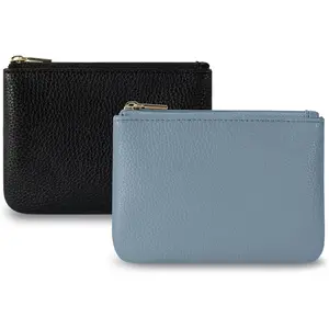 PU Leather Coin Purse Pouch Change Holder Small With Zipper for Men Women 2 PCS Set (Black&Blue)