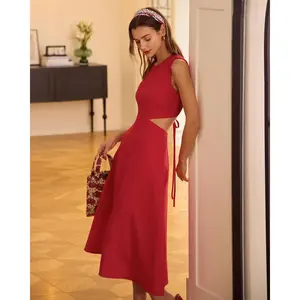 The Red Round Neck Cut-Out Midi Dress