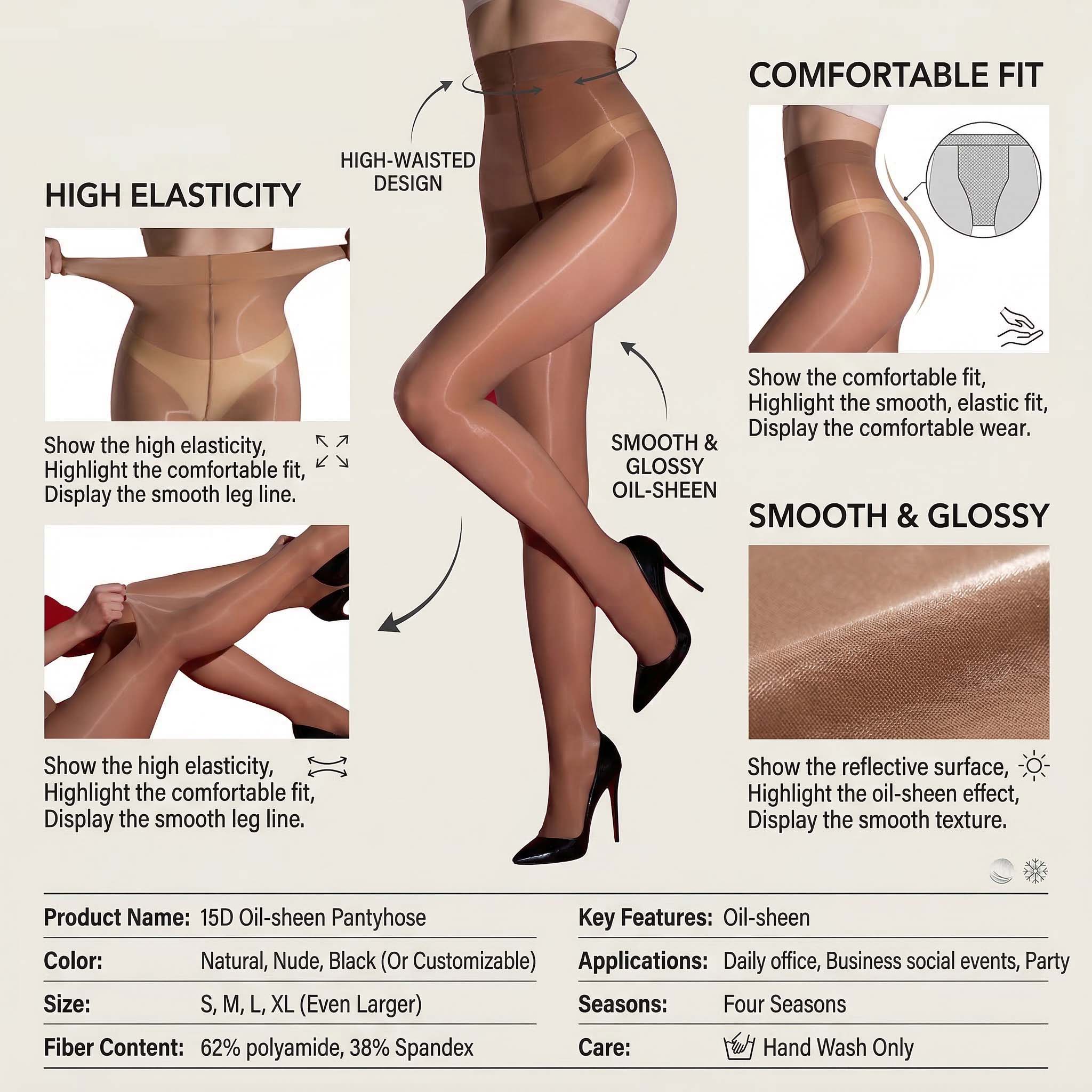 2pairs-Women's Shiny Sheer Tights High WaistSilk Comfort Stockings Oil Shimmery NylonsPantyhose Silky Spandex Elastic Dressy Legwear