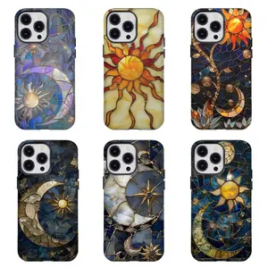 Yellow Gold Sun Stained Glass Printed Tough Phone Case for iPhone 16/15/14/13/12/8 Dual-Layer Defense Wireless Charging Ready Celestial Stars Print Fashion Trendy High Quality Design Accessories TPU & PC Materials - Smartphone