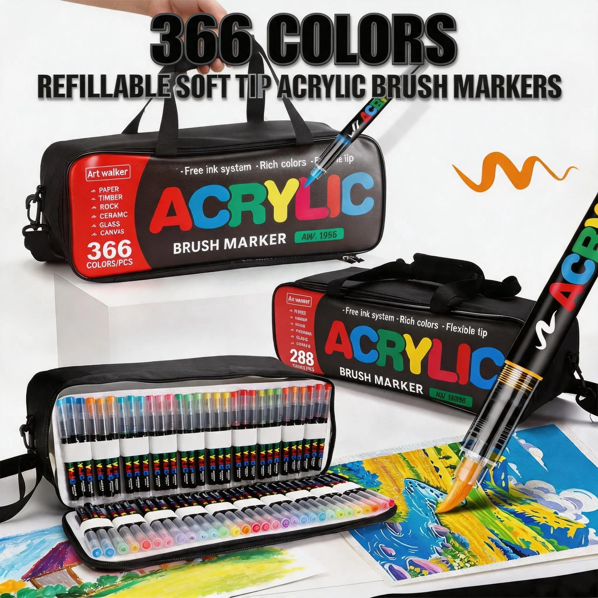 288/366 Color Acrylic Marker Set, Detachable Hard Case, Soft Brush Tip, Smooth Ink Flow, Professional Art Supplies, Multi-Material Compatible, Drawing Markers, Art Craft Supplies, Artist Supplies