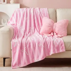 2 Pcs Pink Bow Plush Pillow and Throw Blanket Set 40x50 Inch Soft Bowknot Flannel Blanket Fluffy Aesthetic Bow Stuffed Pillow Cushion Gift for Women Couch Bedroom Sofa Home Decor