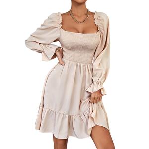 LYANERS Women's Square Neck Lantern Long Sleeve Ruffle Shirred Flowy Party Mini Dress Casual Elegant Womenswear