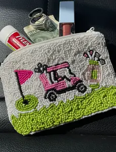 Golf Cart Coin Pouch with Pink Golf Cart Design and Green Base for Golf Themed Accessories