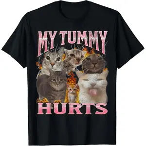 Cotton Gift Tee My Tummy Hurts Funny Cat Meme Bootleg Graphic T-Shirt casual cotton streetwear Fabric Menswear graphic men tee shirt streetwear for all