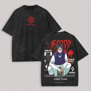 Black Washed Jujutsu Kaisen Choso Kamo Blood Anime Graphic T Shirt for Men Oversized Short Sleeve Crewneck Cotton Tee Casual Streetwear Top for Anime Fans and Daily Wear
