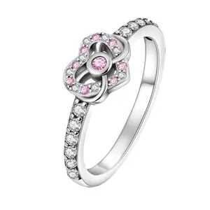 Interlocking Double Heart Ring 925 Sterling Silver Pink & White CZ Love Rings for Women Romantic Aesthetic Trendy Jewelry Gift