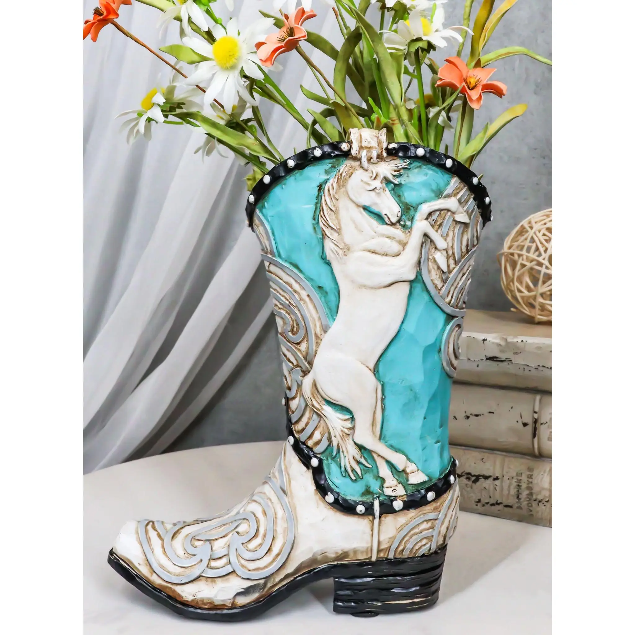 Western Blue-and-White Prancing Horse Cowboy Cowgirl Boot Vase Planter Figurine, Rustic Home Decor Sculpture for Bedroom Decor