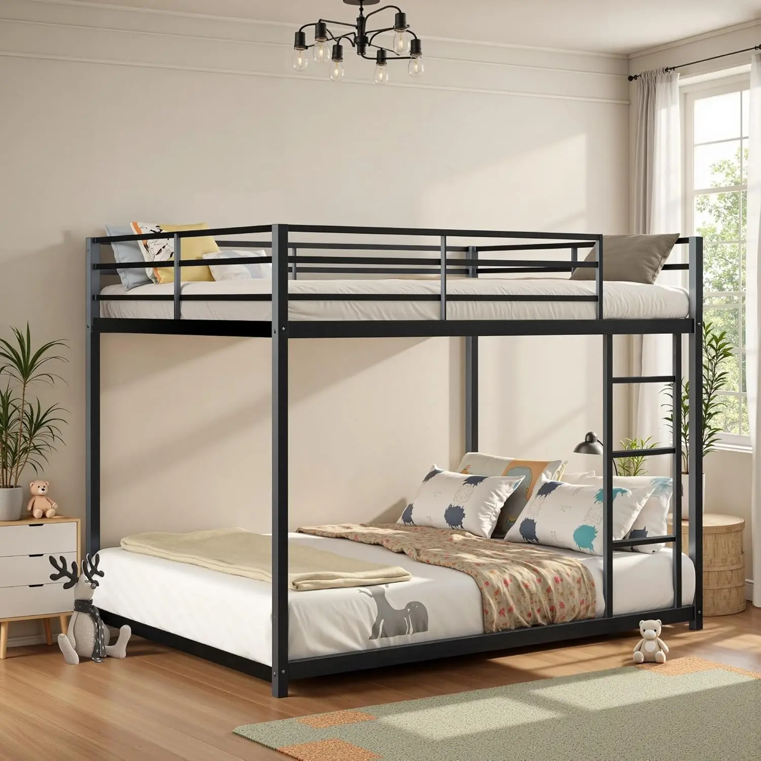 NEKODO Full Over Full Bunk Bed, Heavy Duty Metal Bunk Bed Frame with Built-in Ladder and Safety Guard Rail, Low Bunk Bed for Teens&Adults,bunk bed boy and girl room，Noisy-Free & No Box Spring Needed, Black
