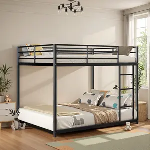 NEKODO Full Over Full Bunk Bed, Heavy Duty Metal Bunk Bed Frame with Built-in Ladder and Safety Guard Rail, Low Bunk Bed for Teens Adults, Noisy Free & No Box Spring Needed, Black