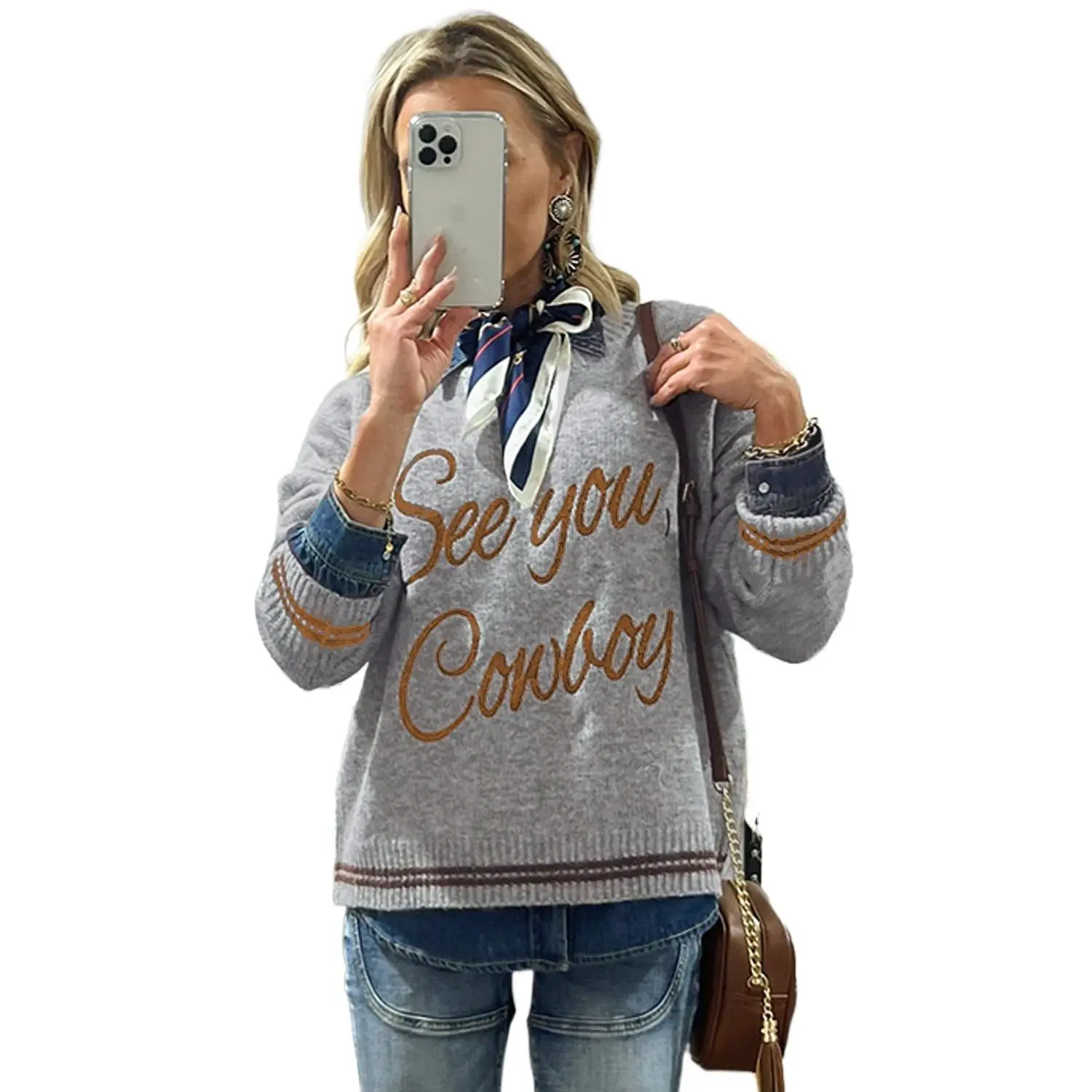 Women's Comfortable Light Grey Western Graphic Pullover Sweater, Long-Sleeve Embroidered Piece with 'See You Cowboy' Detail