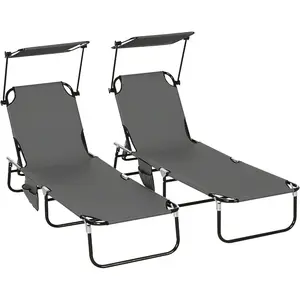 Folding Chaise Lounge Pool Lounge Chairs Set of 2, Outdoor Sun Tanning Chairs with Canopy Shade, Reclining Back, Steel Frame and Side Pocket for Beach, Yard, Patio, Dark Gray