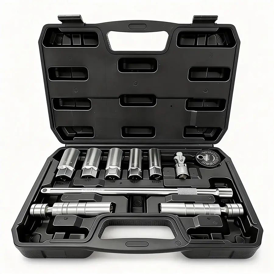 10PCS 3/8" Drive Spark Plug Socket Set with Ratchet Handle, Universal Joint, Extension Bar & Spark Plug Gapper, Fits 9/16", 5/8", 3/4", 13/16", 14mm, 18mm, CR-V Steel with Rubber Holder Ring