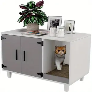 Modern Wood Pet Crate Cat Washroom Hidden Litter Box Enclosure Furniture House as Table Nightstand with Scratch Pad, Stackable (Gray & White)