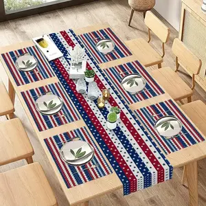 2D flat printing, 5-piece set/7-piece set American red, white, blue star flag table flag placemat set, American Independence Day/National Day table decoration fabric, suitable for holiday parties, family gatherings, daily kitchen and restaurant decoration