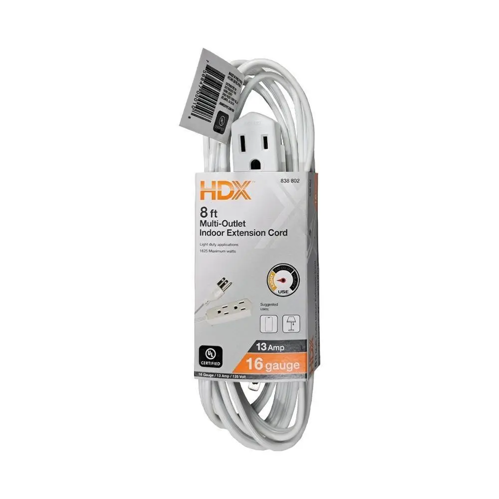 8 ft. 16/3 Light Duty Indoor Multi-Outlet Extension Cord with Banana Tap, White